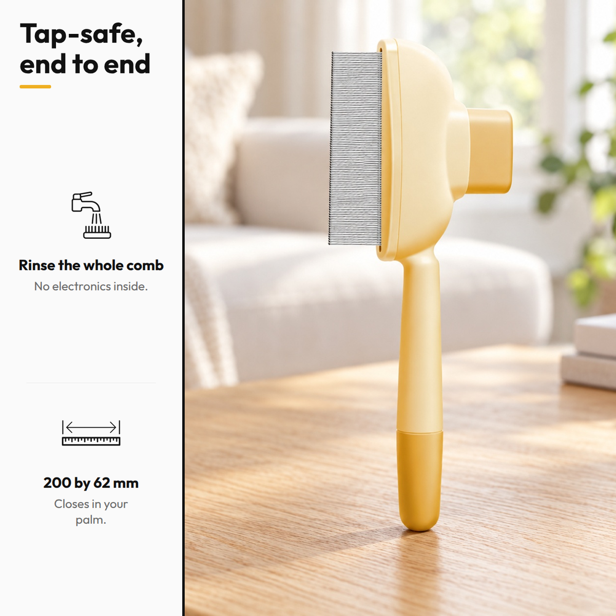 One-Press Self-Cleaning Comb — Tap-safe, end to end: Rinse the whole comb; 200 by 62 mm