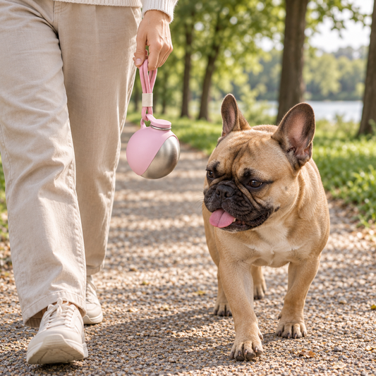 2-in-1 Travel Water Bottle carried on a walk with a bulldog