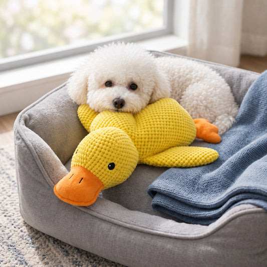 Calm Duck — white curly dog resting on the plush duck in a dog bed