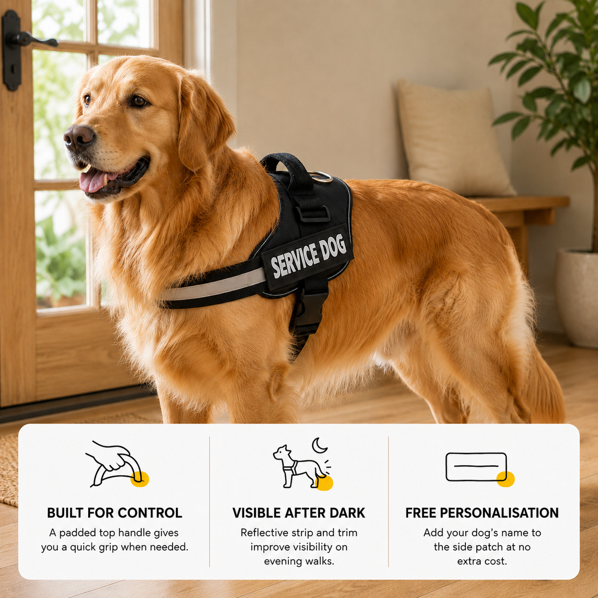 Benefits card: padded top handle for control, reflective trim for dark walks, free name personalisation