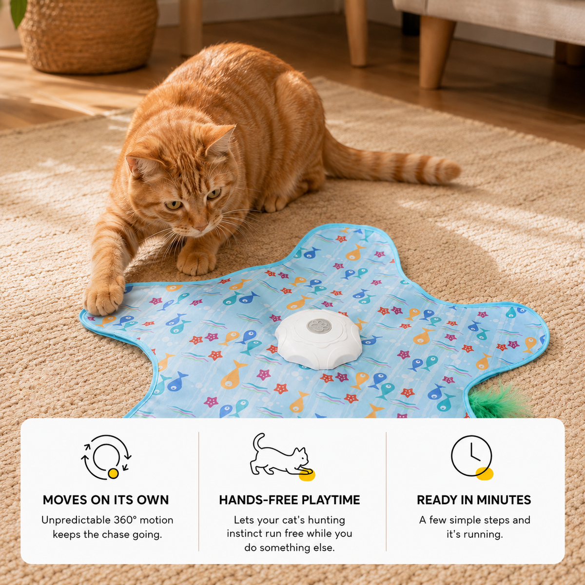 Benefits card: moves on its own, hands-free playtime, ready in minutes