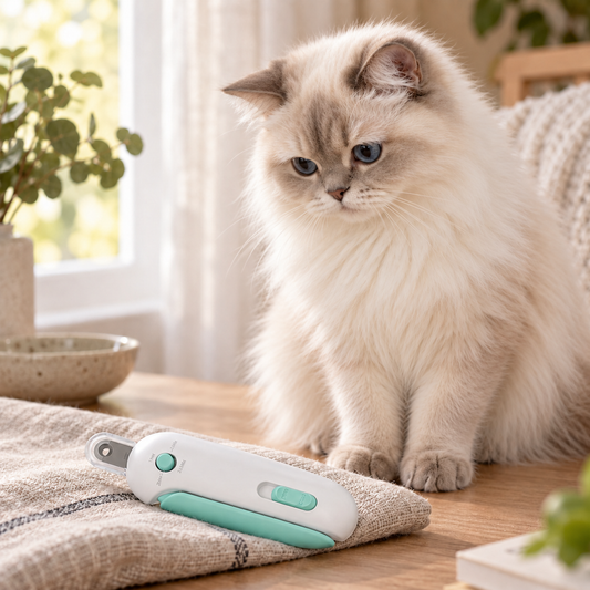 Long-haired cream colour-point cat sitting on a table beside the mint and white cat nail clipper