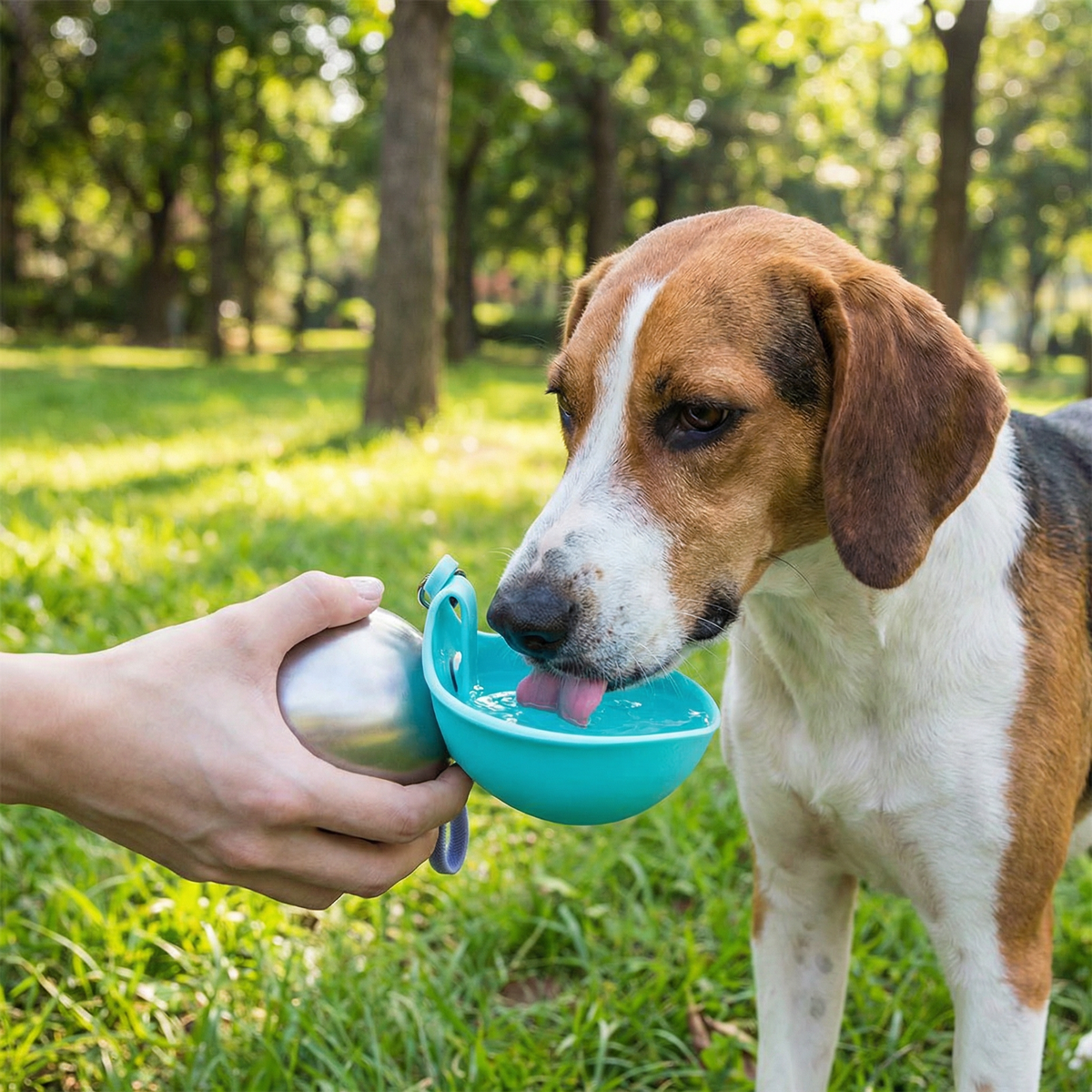 Beagle drinking from the blue version of the travel bottle held in a hand