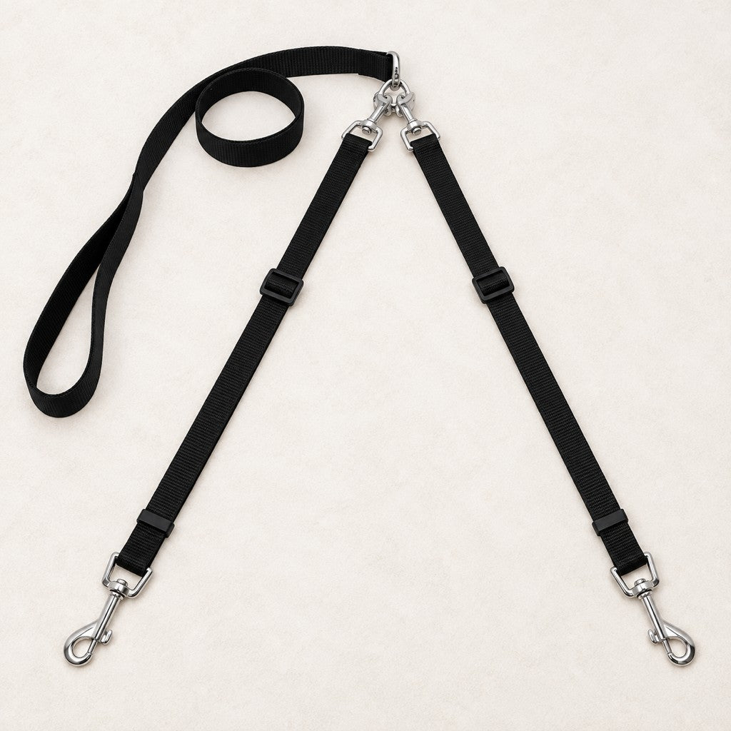 Double dog leash with one loop handle splitting into two leads and metal snap hooks