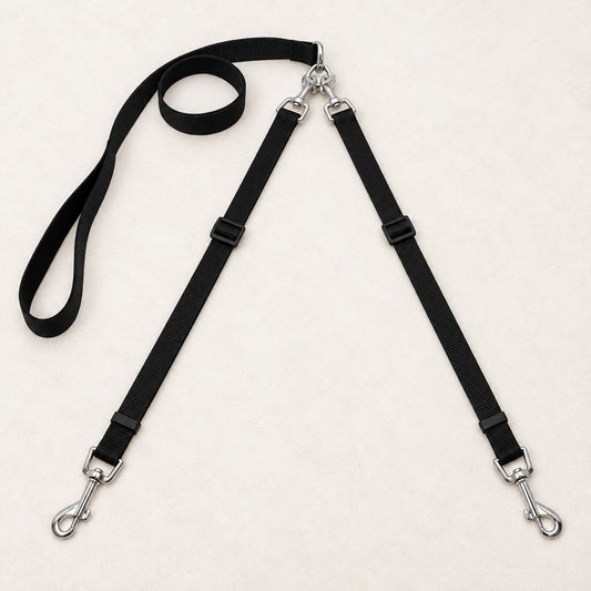 Double dog leash with one loop handle splitting into two leads and metal snap hooks