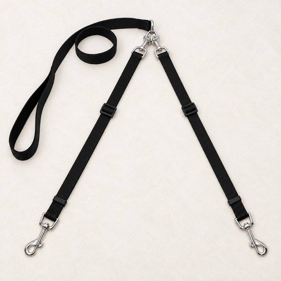 Double dog leash with one loop handle splitting into two leads and metal snap hooks