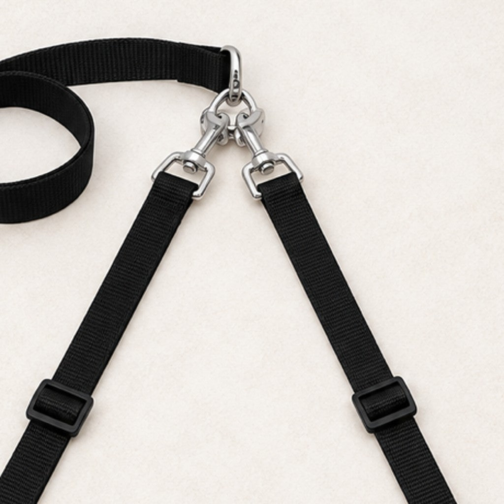 Close-up of the junction where the single handle divides into two leads