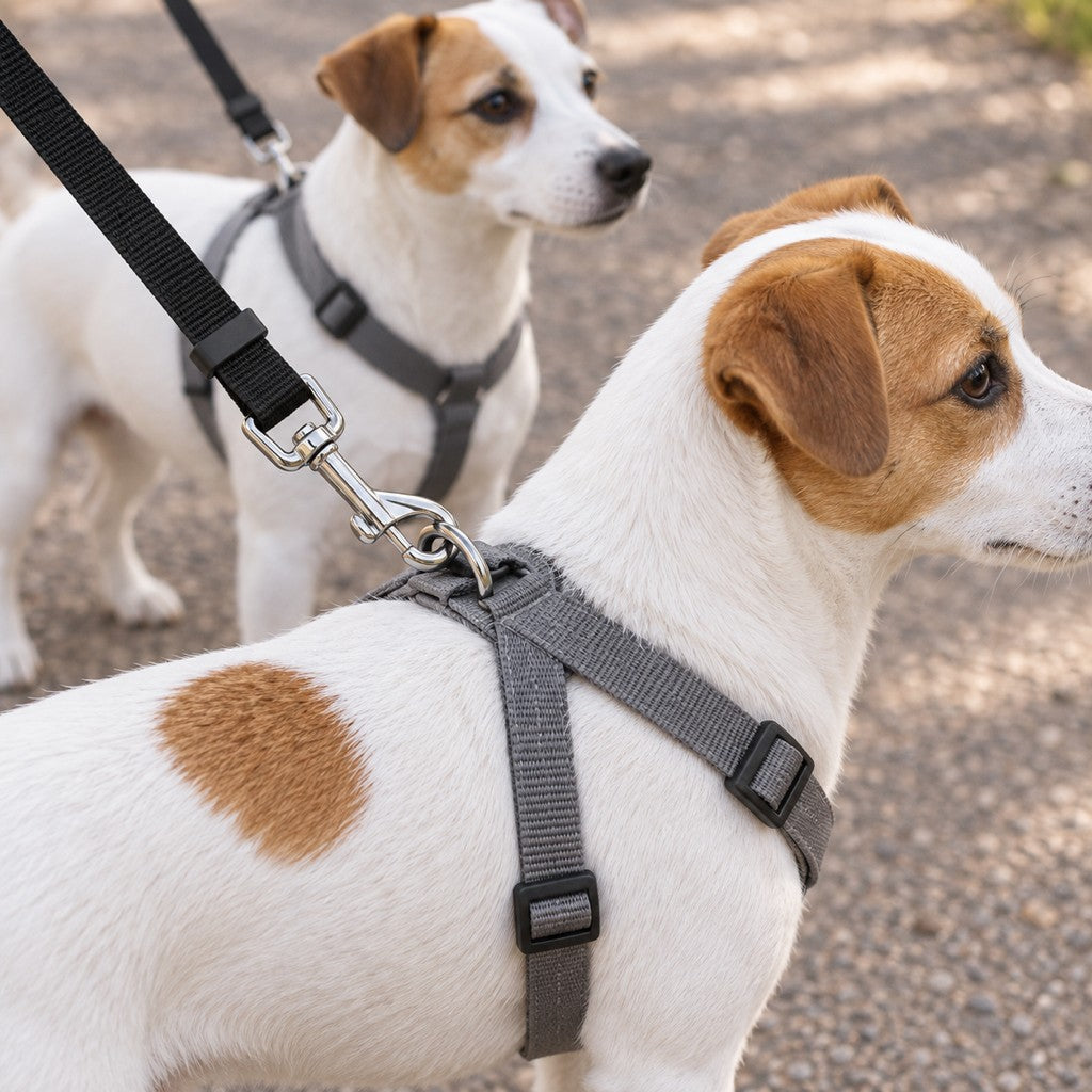Metal snap hook clipped to the ring of a dog harness