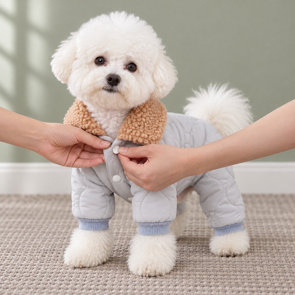 Hands fastening a press stud on the chest of the Bichon's jacket