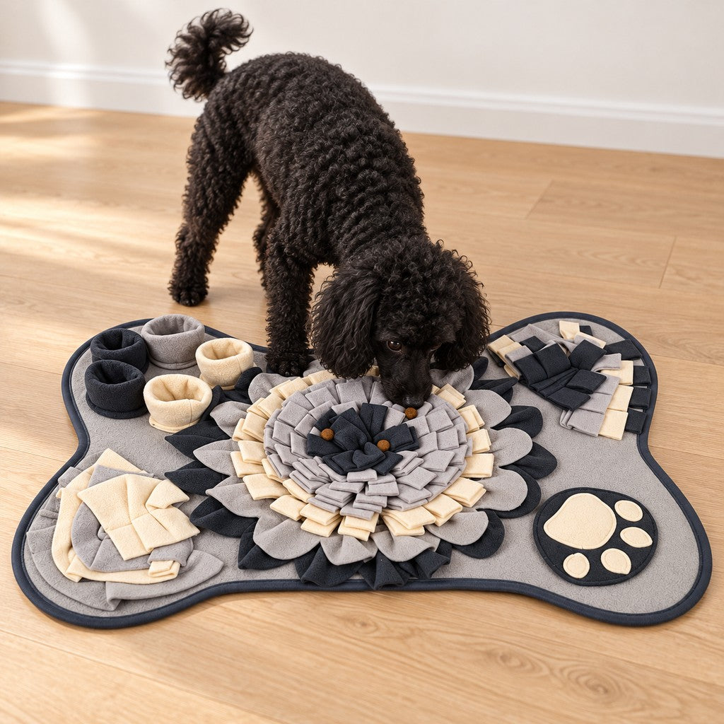 Black poodle sniffing the centre of the grey bone-shaped snuffle mat with treats on it