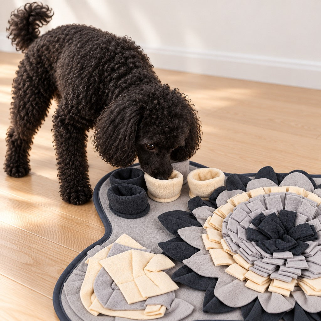 Same black poodle sniffing one soft cup on the bone-shaped mat