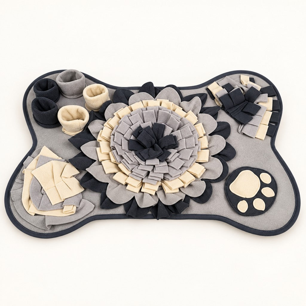 Grey bone-shaped snuffle mat with five cups, rosette and fringe