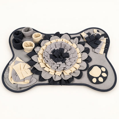 Grey bone-shaped snuffle mat with five cups, rosette and fringe