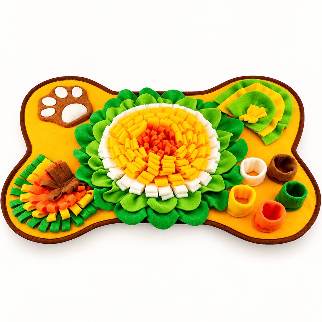 Yellow and green bone-shaped snuffle mat with five cups, rosette and fringe