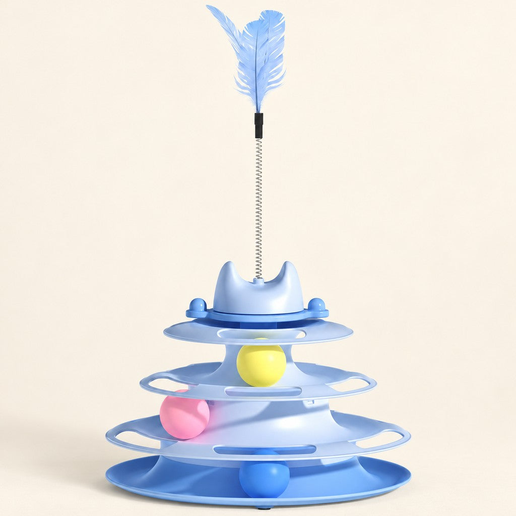 Blue tiered cat toy tower with open ball tracks, cat-ear cap and feather on a spring
