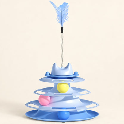 Blue tiered cat toy tower with open ball tracks, cat-ear cap and feather on a spring