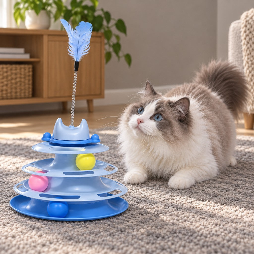 Cat crouched on the carpet, gazing up at the feather on its spring
