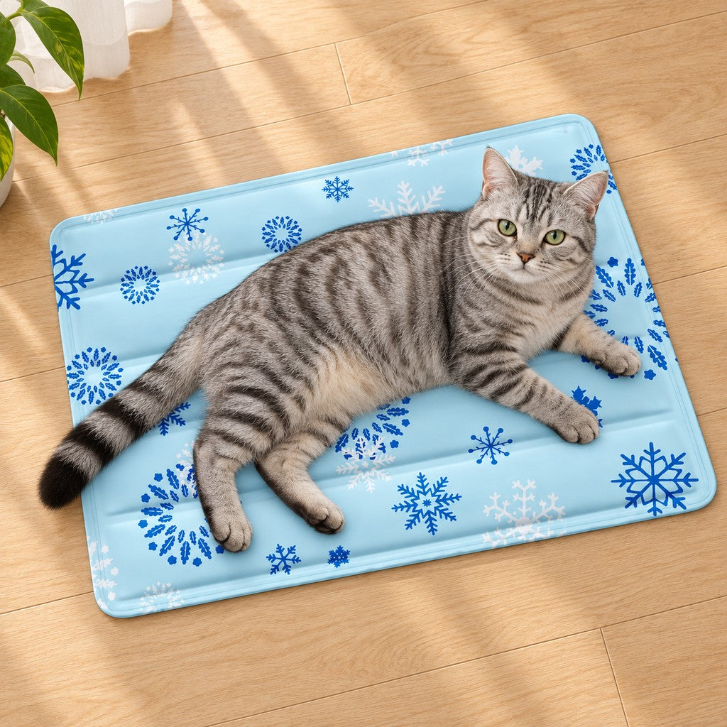 Cat lying out full length on the blue snowflake mat