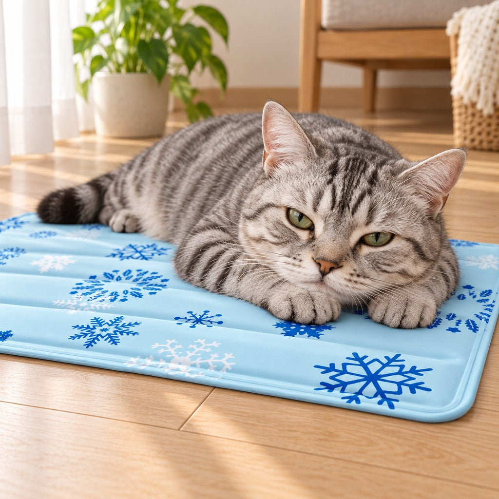 Close-up of a cat resting its head on the soft mat