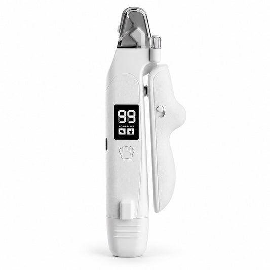 White 2-in-1 pet nail tool with clipper head on top, display reading 99, capped grinder below