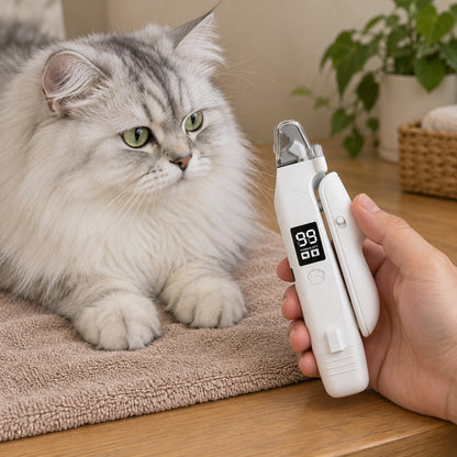 Cat looking at the nail tool held in a hand before use
