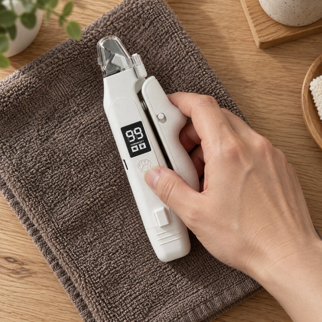 Hand holding the white nail clipper and grinder as it lies on a brown towel