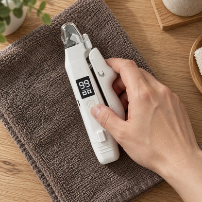 Hand holding the white nail clipper and grinder as it lies on a brown towel