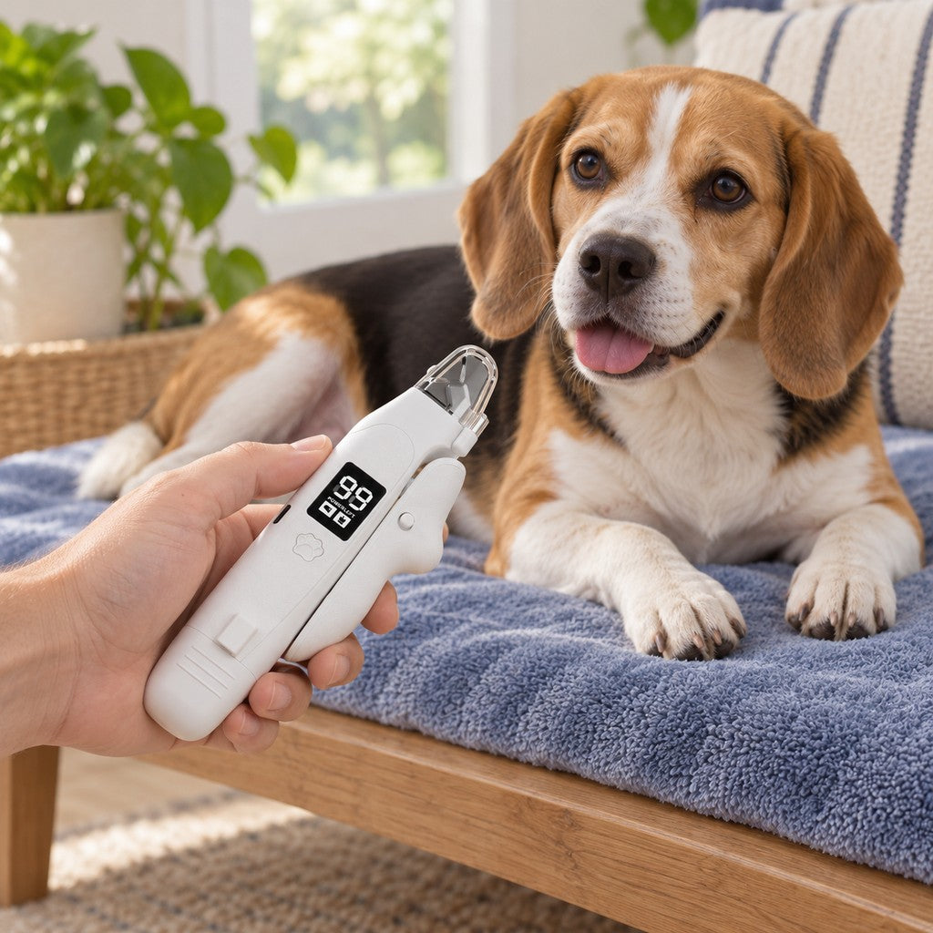 Beagle watching the nail tool held close, calm and curious