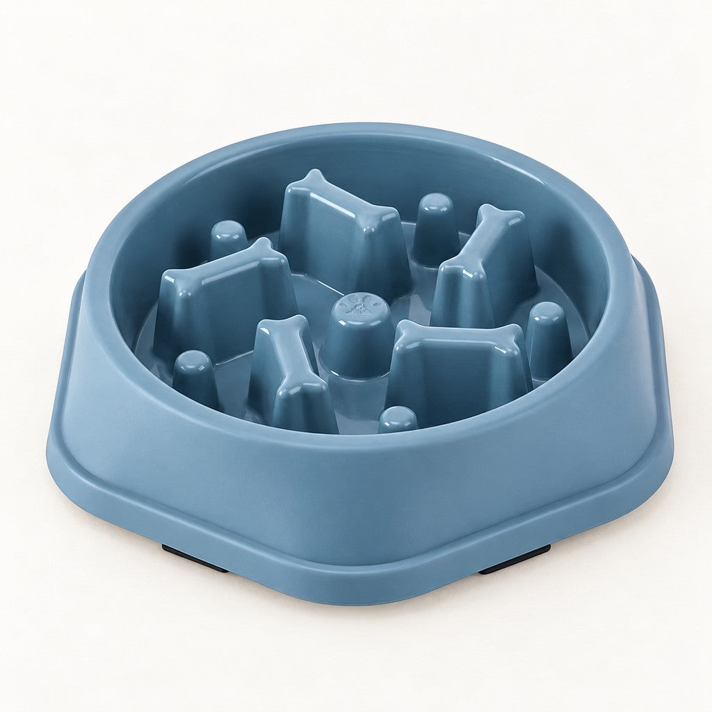 Muted blue slow feeder bowl with bone-shaped posts and round pegs rising from the base