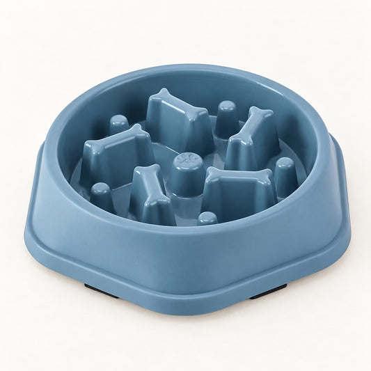 Muted blue slow feeder bowl with bone-shaped posts and round pegs rising from the base