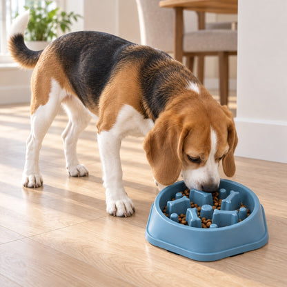 Beagle eating kibble from the blue bowl on a wooden floor, head lowered