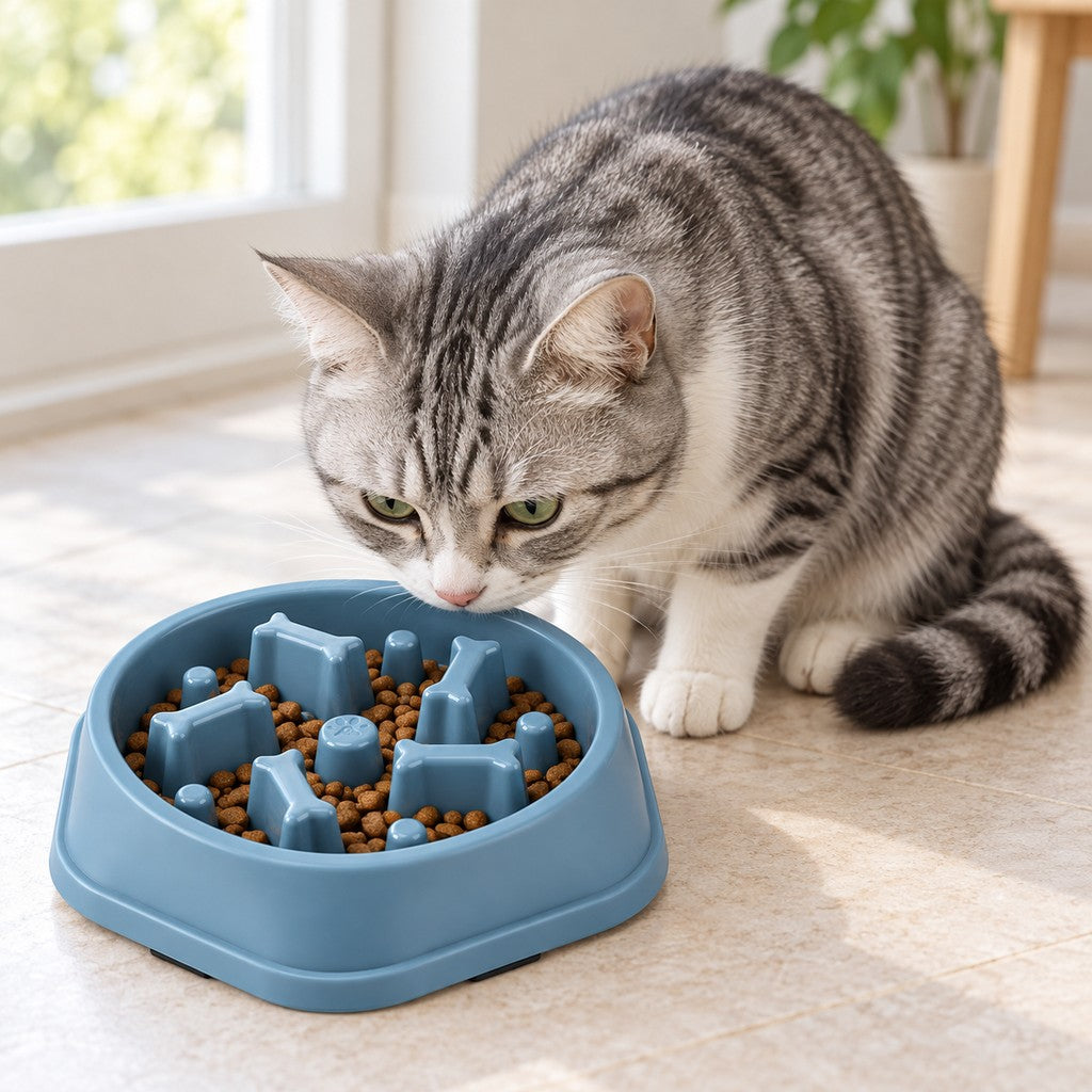 Grey tabby cat sniffing kibble in the blue bone-shaped slow feeder bowl