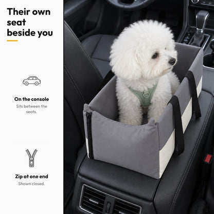 Road Nest – Their own seat beside you: grey bed on the car console with a small white dog, zip at one end