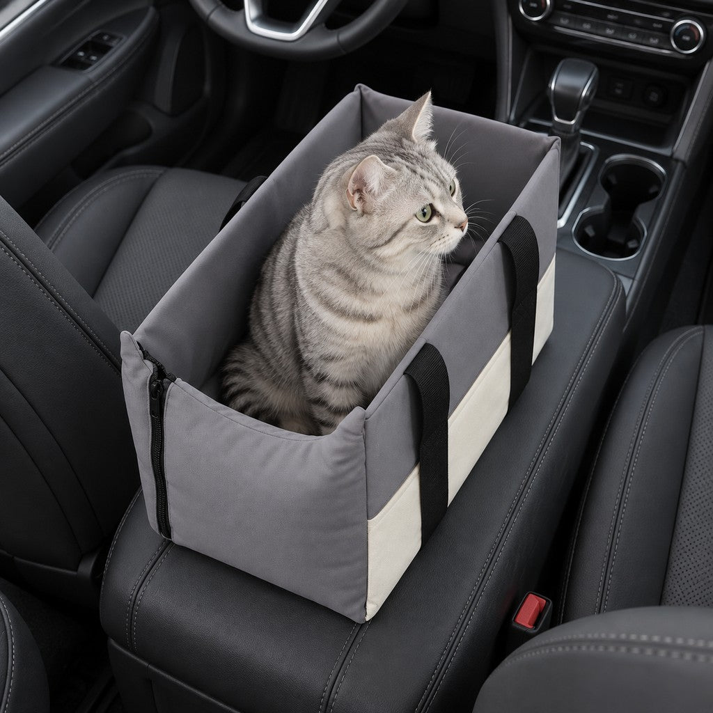Grey tabby cat sitting upright in the open-topped grey car seat box on the centre console