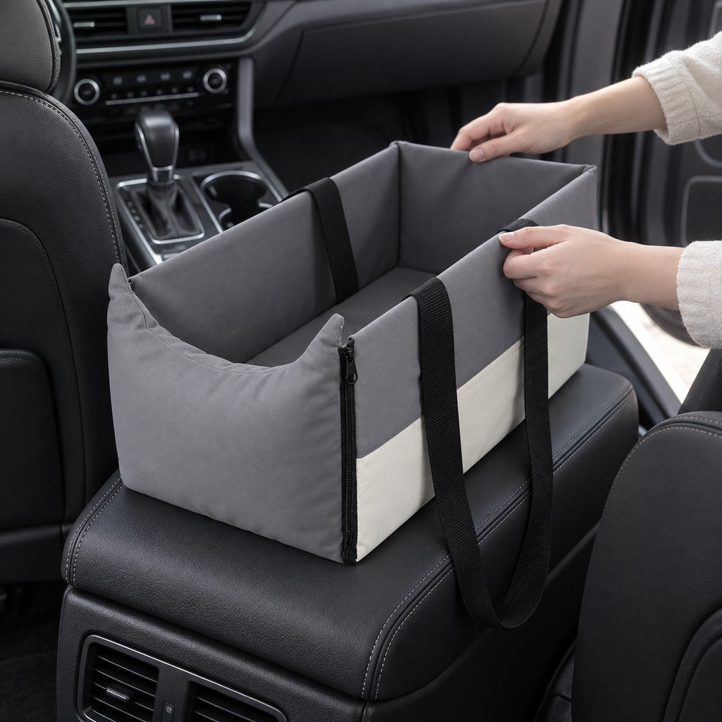 Hands setting the soft grey pet bed in place on the centre console