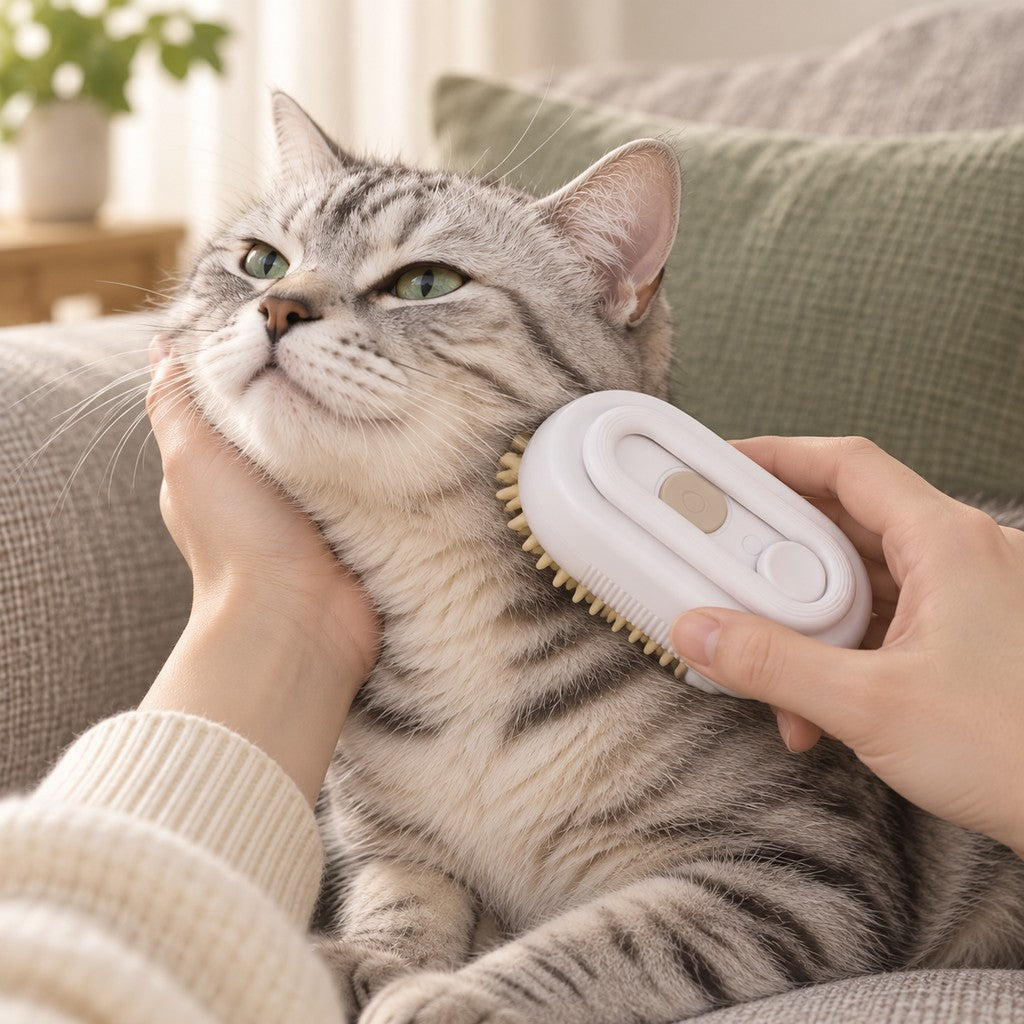 Cat with chin lifted being brushed under the jaw with the white brush, a hand supporting