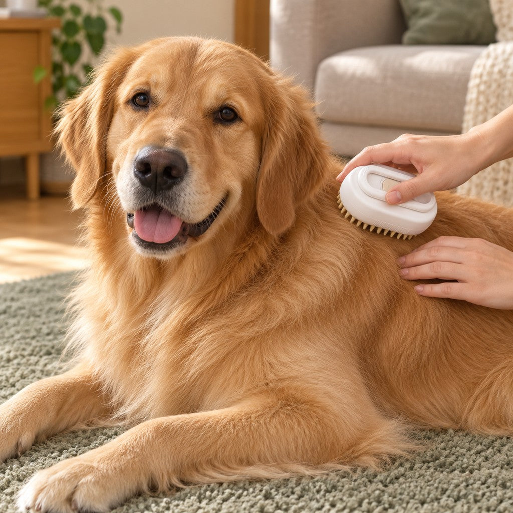 Golden retriever lying on a rug being brushed along its back with the white brush