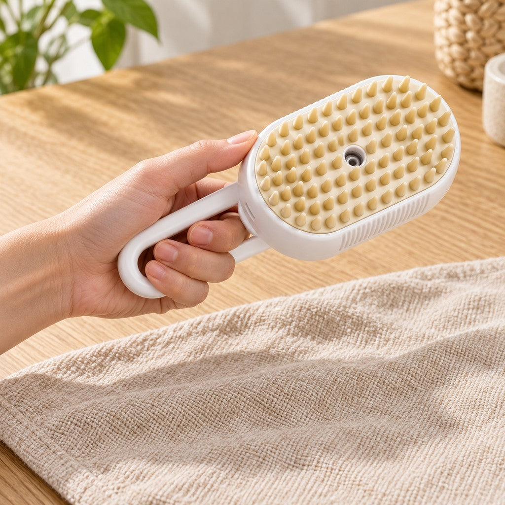 Hand holding the white brush by its looped handle, teeth facing up, beside a folded towel