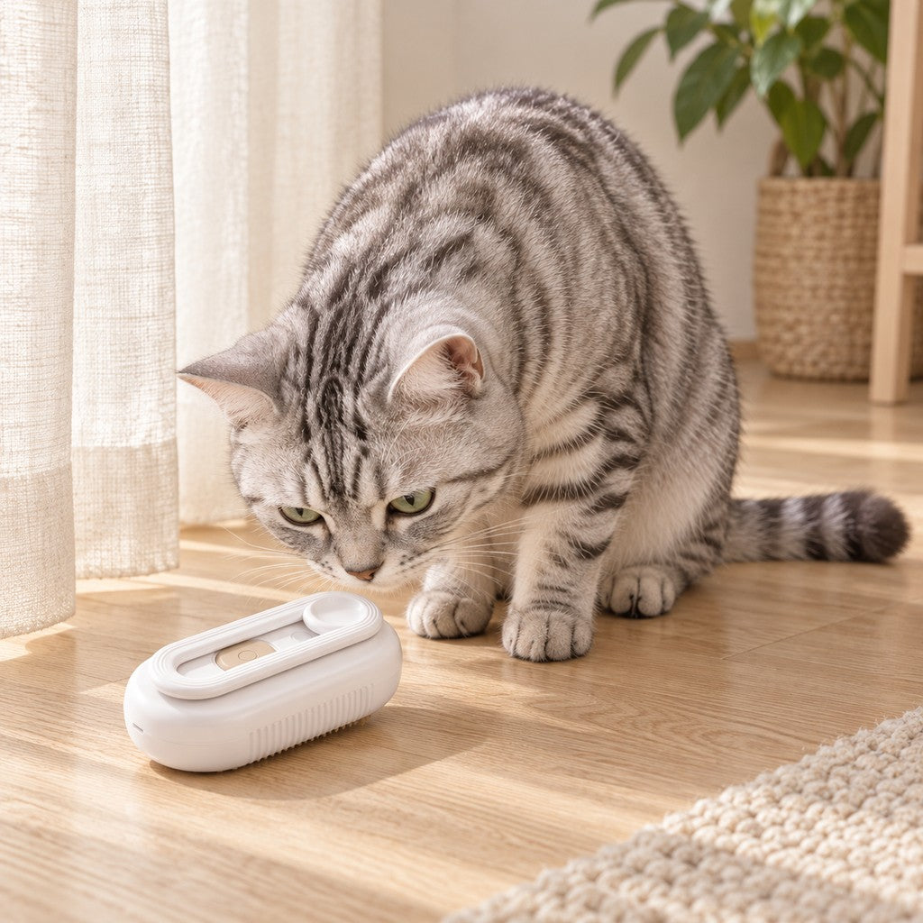 Grey tabby cat crouching to sniff the white brush lying back-up on a wooden floor