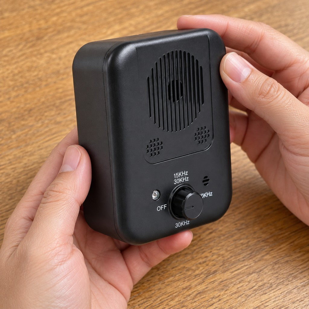 Two hands holding the black device, with the rotary dial and printed settings facing the camera