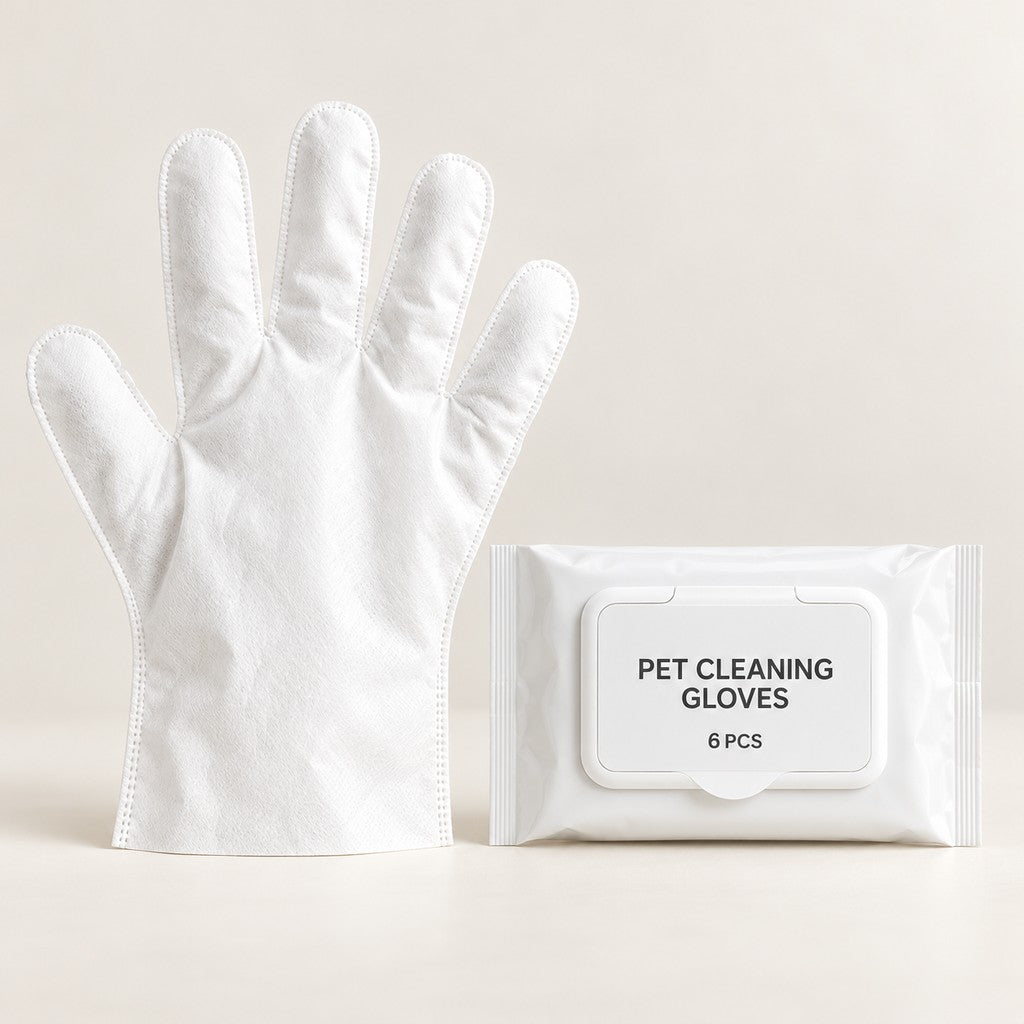 White five-finger wipe glove beside a white pack printed 'Pet cleaning gloves 6 pcs'
