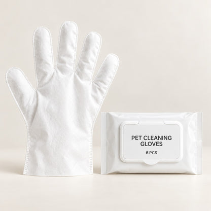 White five-finger wipe glove beside a white pack printed 'Pet cleaning gloves 6 pcs'
