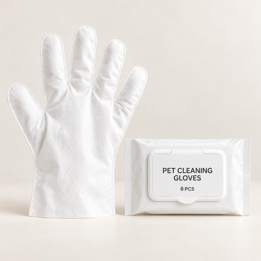 White five-finger wipe glove beside a white pack printed 'Pet cleaning gloves 6 pcs'