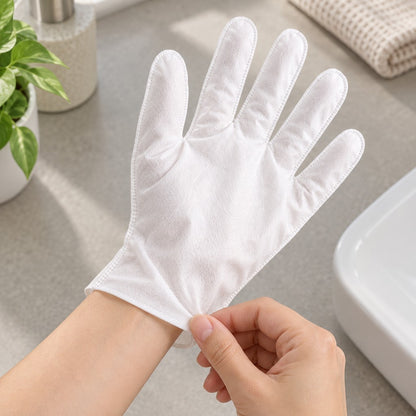Two hands pulling the white wipe glove on over one hand