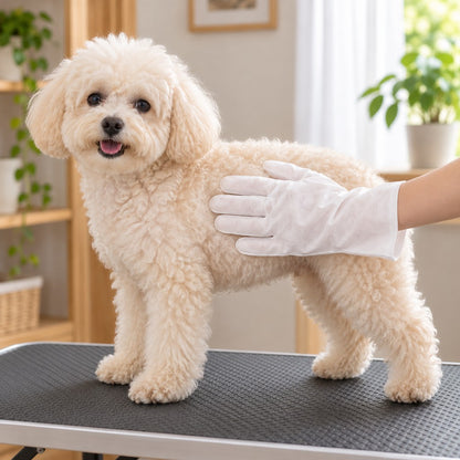 Gloved hand resting on the side of a cream poodle standing on a grooming table