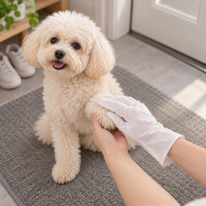 Gloved hand holding a cream poodle's paw, other hand supporting it, on a grey doormat