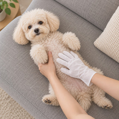 Cream poodle lying on its back on a grey sofa, gloved hand resting on its belly
