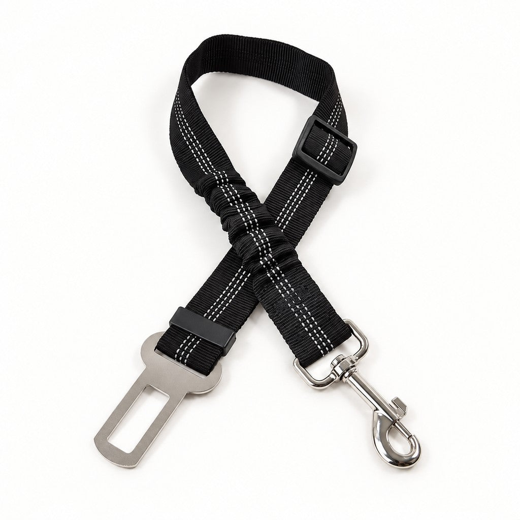 Black adjustable seat belt strap with reflective stitching, swivel clip and metal buckle tongue on white