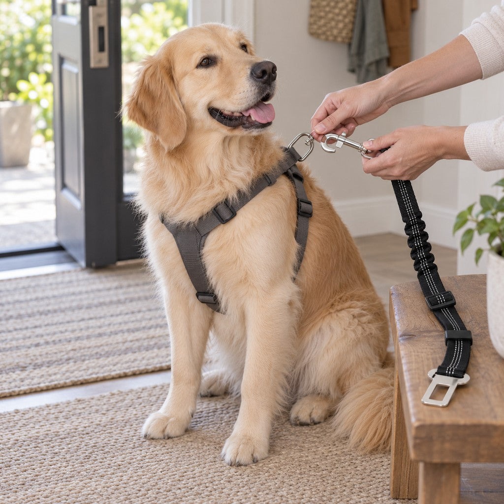 Hands attaching the swivel clip to the grey harness of a seated golden retriever indoors