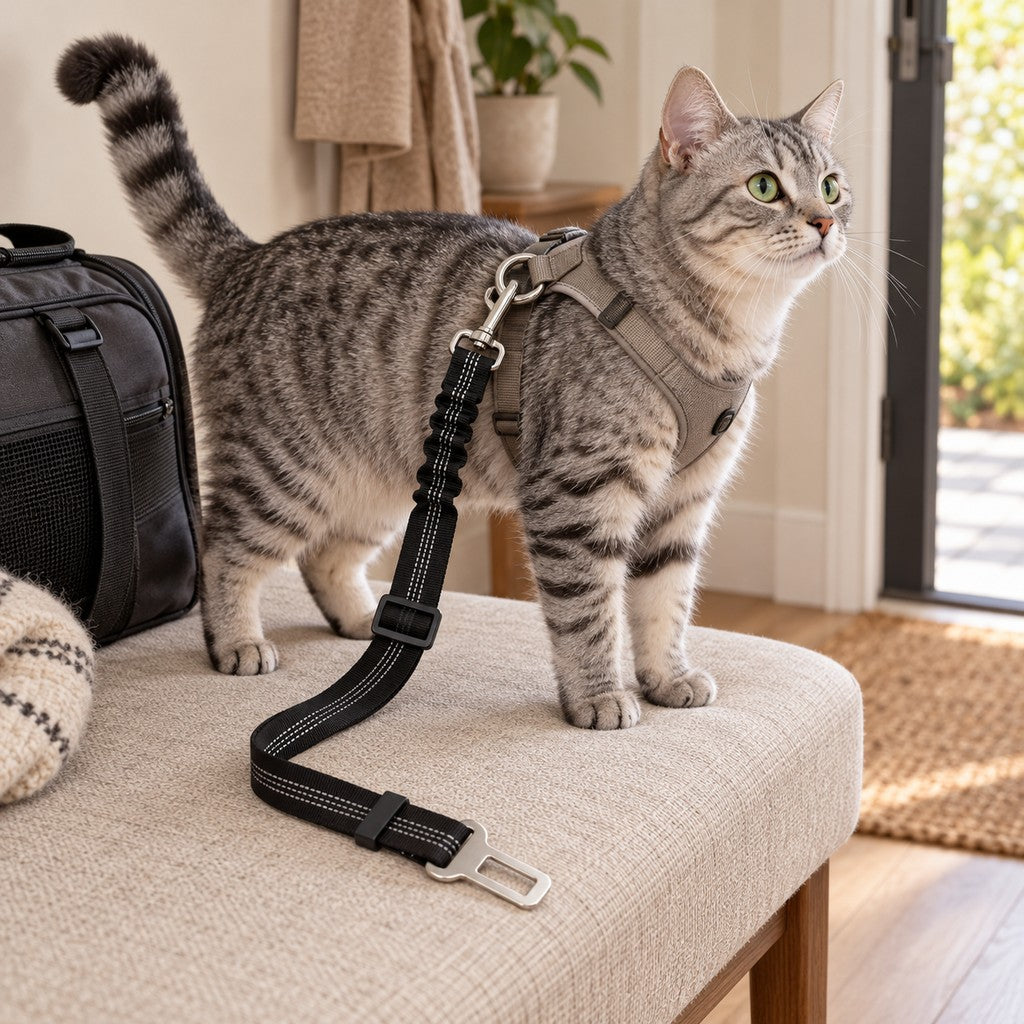 Tabby cat in a grey harness standing on a bench with the black strap clipped on